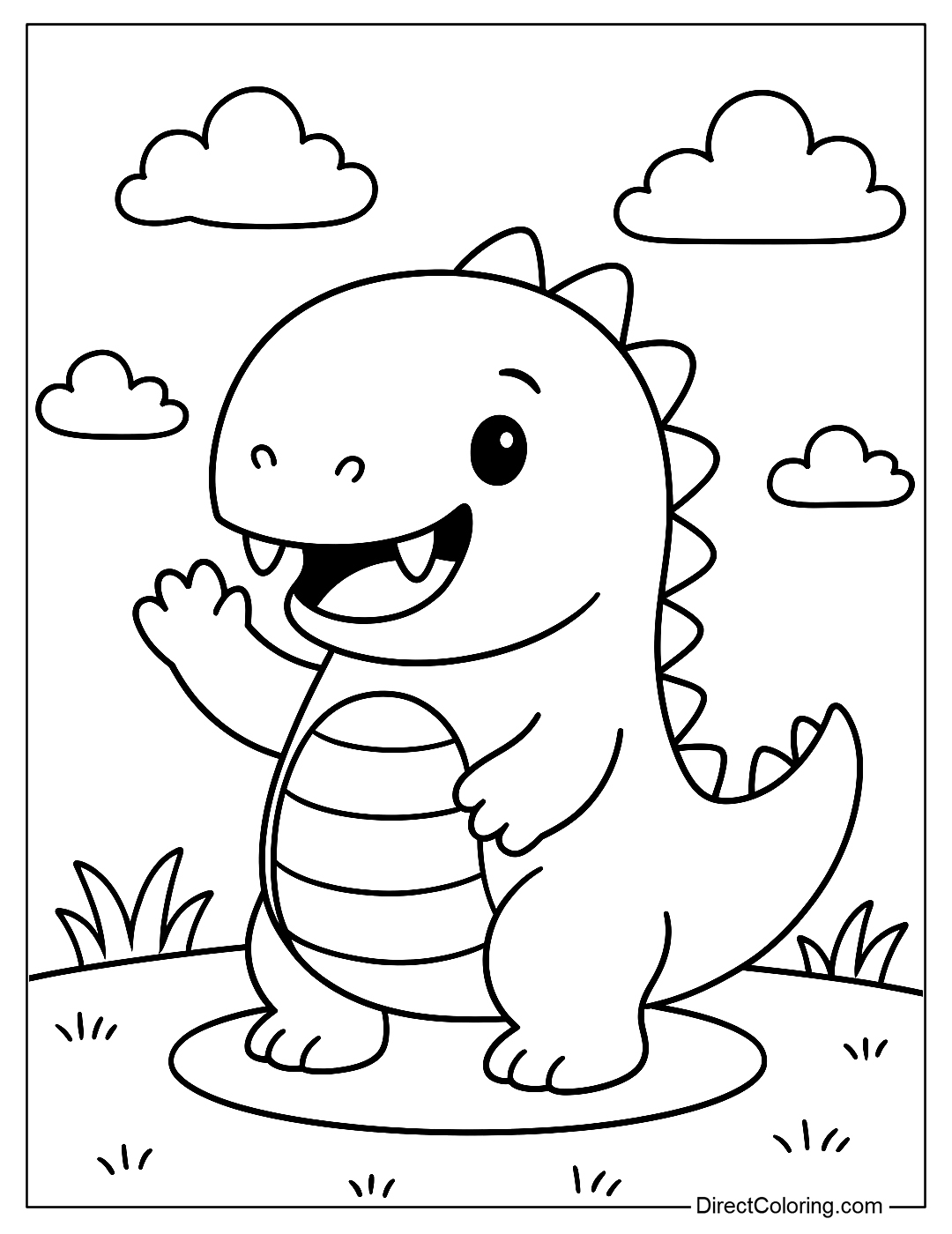 Baby Dinosaur Waving Coloring Page with a big smile, standing in a simple grassy background and some fluffy clouds
